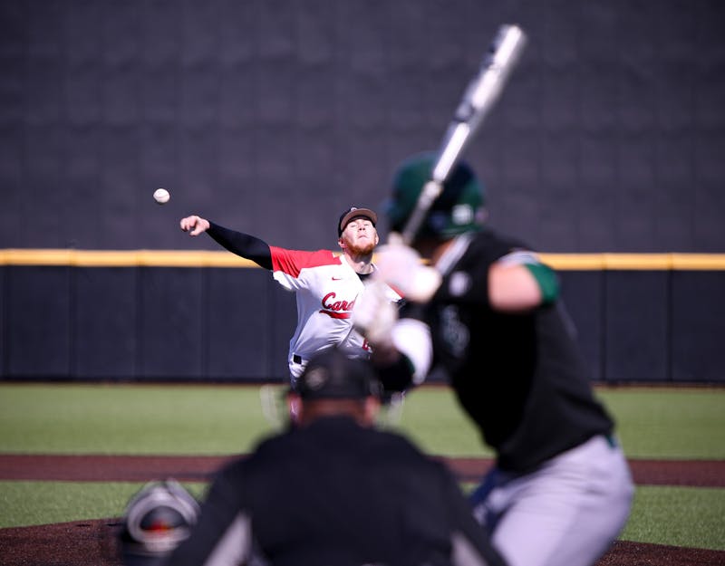 Sophomore pitcher Ty Johnson throws the ball in a game against Eastern Michigan March 13 at Ball Baseball Diamond. The Cardinals let up 5 hits against the Eagles. Jacy Bradley, DN