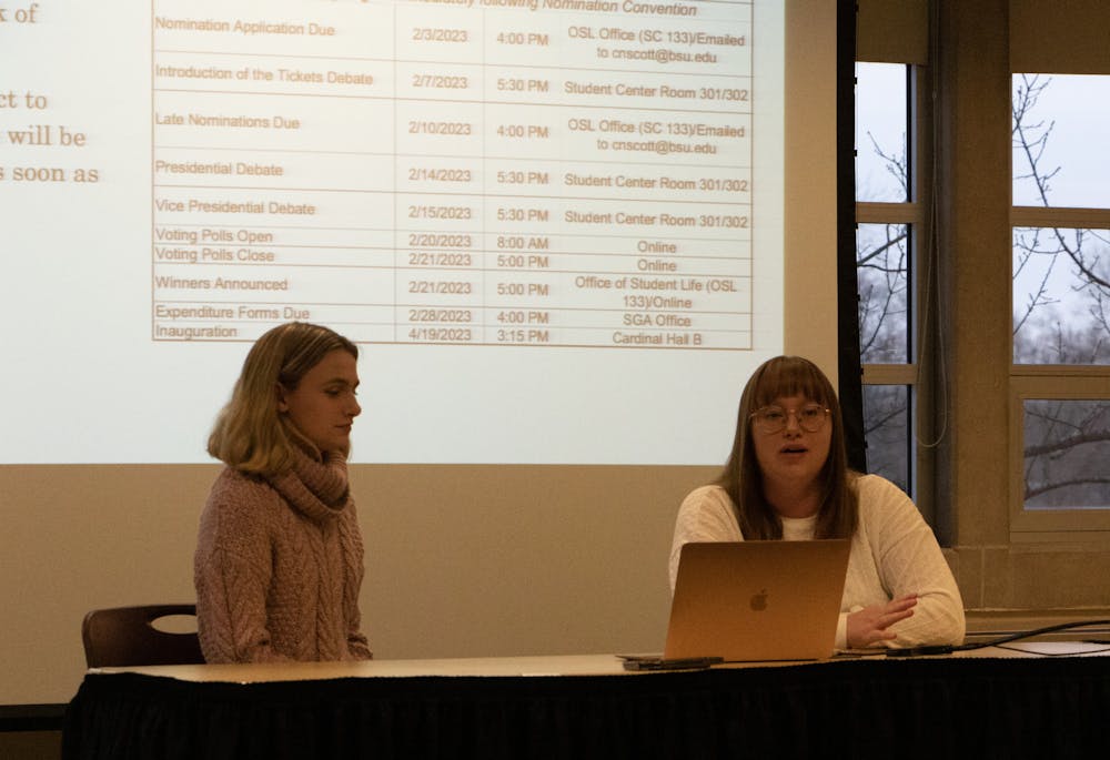 <p>Elections Commissioner Chaney Scott and Elections Board Sherrif Sophia Agee present on the upcoming Ball State Student Government Association (SGA) election. The first ticket is for Joseph Gassensmith and Monet Lindstrand and the second ticket is for Skylar Ellis and Taylor Perry. Elijah Poe, DN</p>