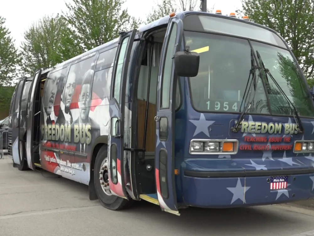Exterior of the Freedom Bus, where students in COMM 450 Rhetoric and Advocacy are taking part in developing the bus every semester. (April 15).