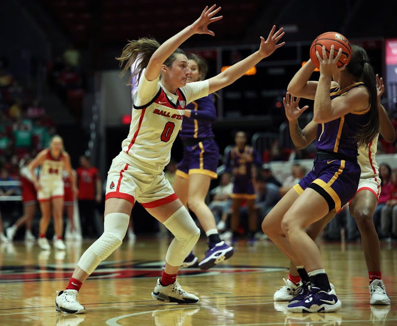 Junior Ally Becki defends a player against Tennessee Tech Nov. 6 at Worthen Arena. Becki played 31 minutes of the game. Mya Cataline, DN