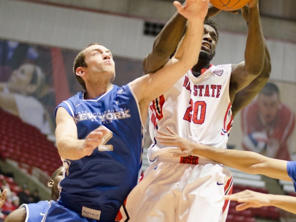 Senior forward Chris Bond jumps for a rebound in the first half against Buffalo Jan. 23 at Worthen Arena. Bond had a total of 13 rebounds. DN PHOTO BREANNA DAUGHERTY
