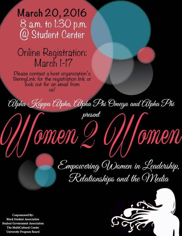 Alpha Kappa Alpha, Alpha Phi Omega and Alpha Phi are coming together to host Women 2 Women on March 20 from 8 a.m. to 1:30 p.m. in the L.A. Pittenger Student Center. The Greek Life organizations are promoting empowerment for women through the event.PHOTO PROVIDED BY BENNYLINK