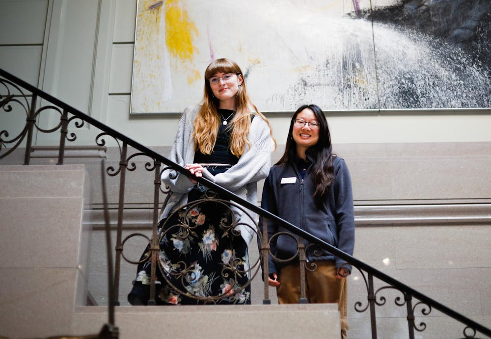 <p>Senior guards Hannah Schneider (right) and Taylor Hamblin (left) pose for a photo April 17 at the David Owsley Museum of Art. Not only art majors are allowed to apply for this position. Andrew Berger, DN</p>