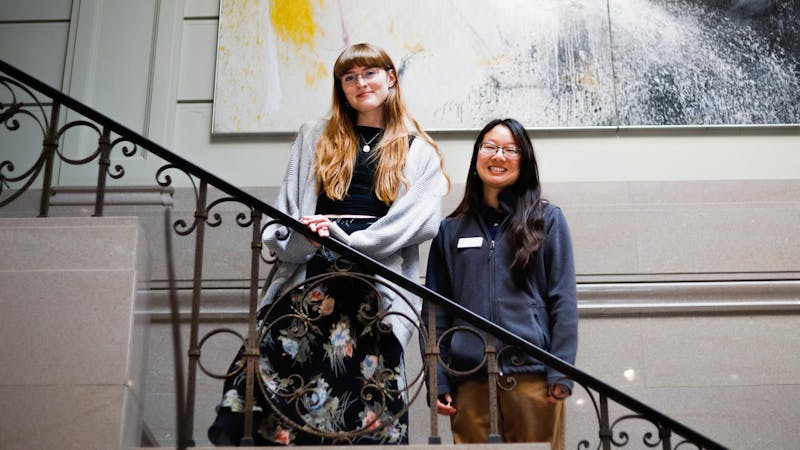 Senior guards Hannah Schneider (right) and Taylor Hamblin (left) pose for a photo April 17 at the David Owsley Museum of Art. Not only art majors are allowed to apply for this position. Andrew Berger, DN