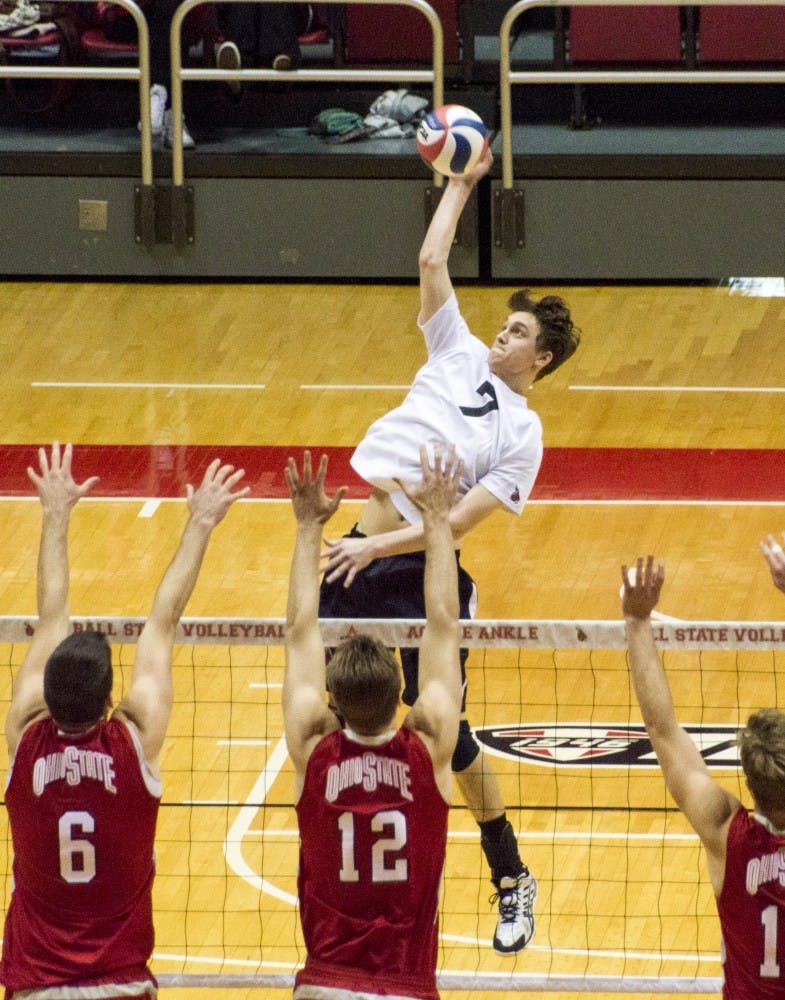 Senior outside attacker Shane Witmer hits the ball during the game against Ohio State on Feb. 21 at Worthen Arena. DN PHOTO ALAINA JAYE HALSEY