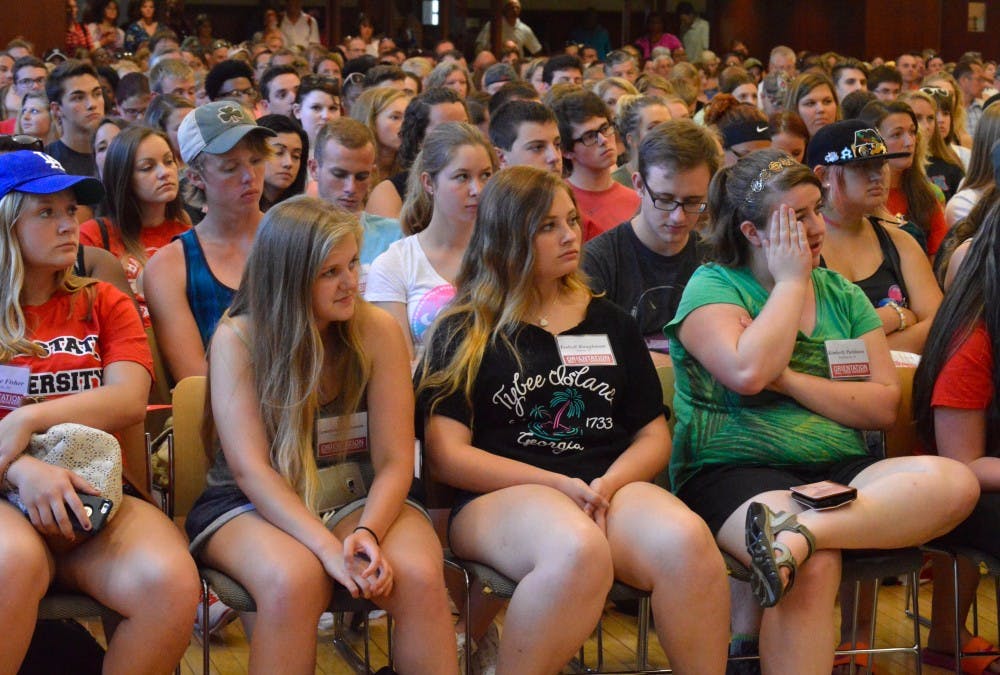 Incoming freshman sit in the L.A. Pittenger Student Center Ballroom with the rest of their orientation group, listening to their final presentation for the day.The Freshman Connections program is gone after a decision from the Office of the Provost to move financial support toward individual departmental programs. Rebecca Kizer // DN File