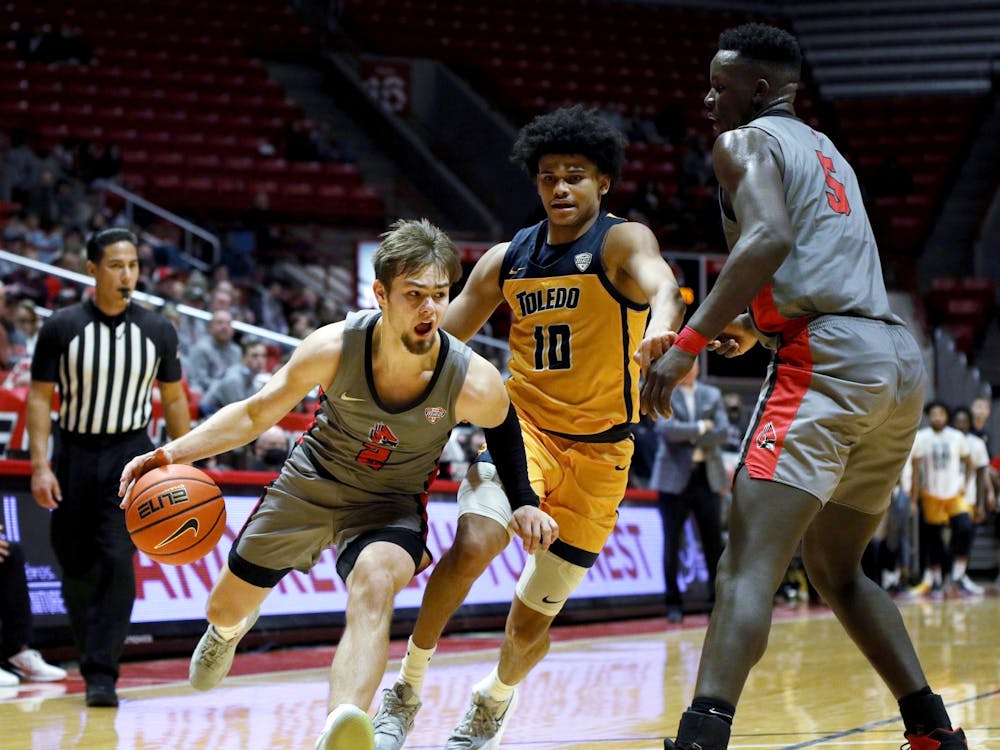 Sophomore guard Luke Bumbalough dribbles the ball on the court against Toledo on Feb. 4, 2022, at Worthen Arena in Muncie, IN. Bumbalough scored 17 points during the game. Amber Pietz, DN