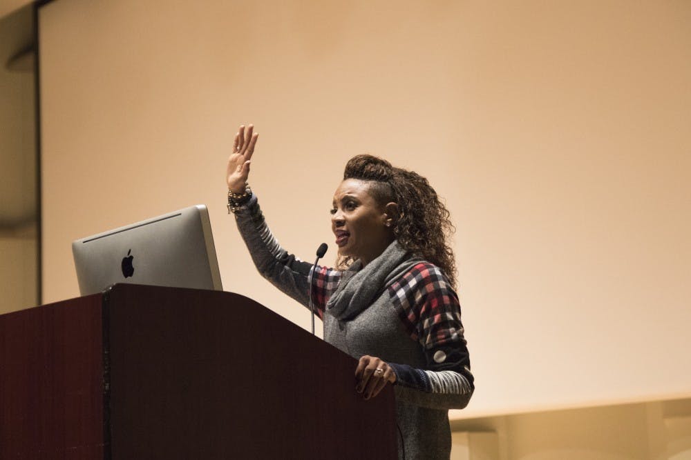 <p>MC Lyte spoke to a crowd in Pruis Hall&nbsp;on March 14 about women in the hip hop industry for Women's Week. The artist was the first female rapper to release a full album in 1988. <em>DN PHOTO REAGAN ALLEN</em></p>