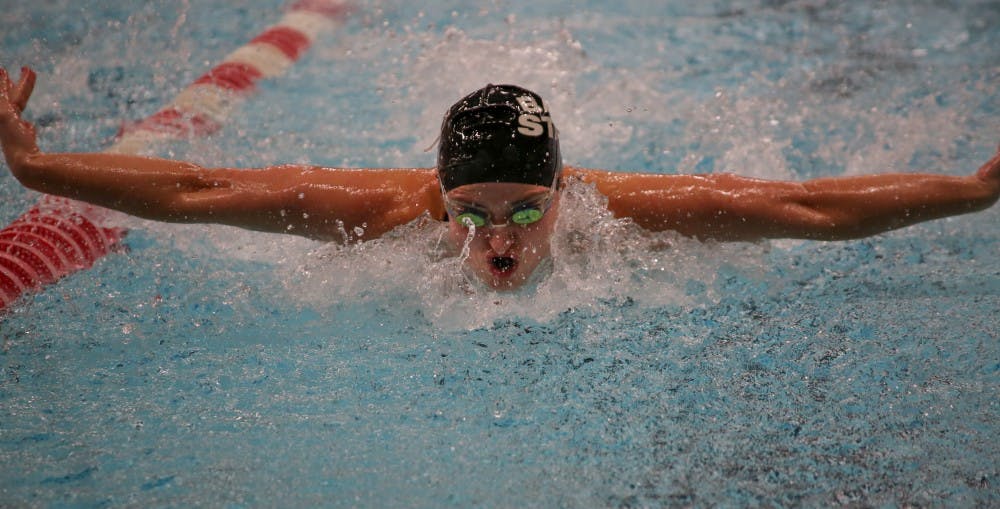 <p>Senior Andrea Richter swims the 200-yard butterfly during the meet against Buffalo Jan. 27 at Lewellen Pool. Richter placed fourth. <strong>Kaiti Sullivan, DN</strong></p>