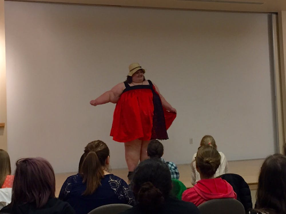 Eileen Rosensteel performed "Bodacious Beauties" after the Digital Literature Review immersive learning class invited her. Rosensteel performs monologues based on research gathered about fat ladies in circuses from the 19th and 20th centuries.&nbsp;DN PHOTO MARGO MORTON