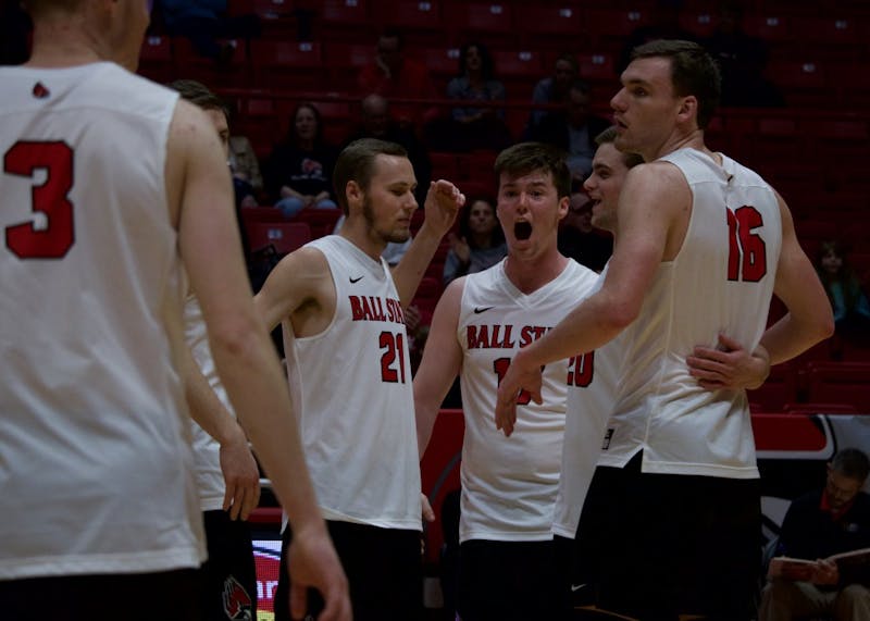 Freshman Ryan Dorgan cheers as Ball State Cardinals win consecutive points in the end of the third game at John E. Worthen Arena on March 31 against Quincy Hawks. The Ball State Cardinals won all 3 games played. Rebecca Slezak, DN