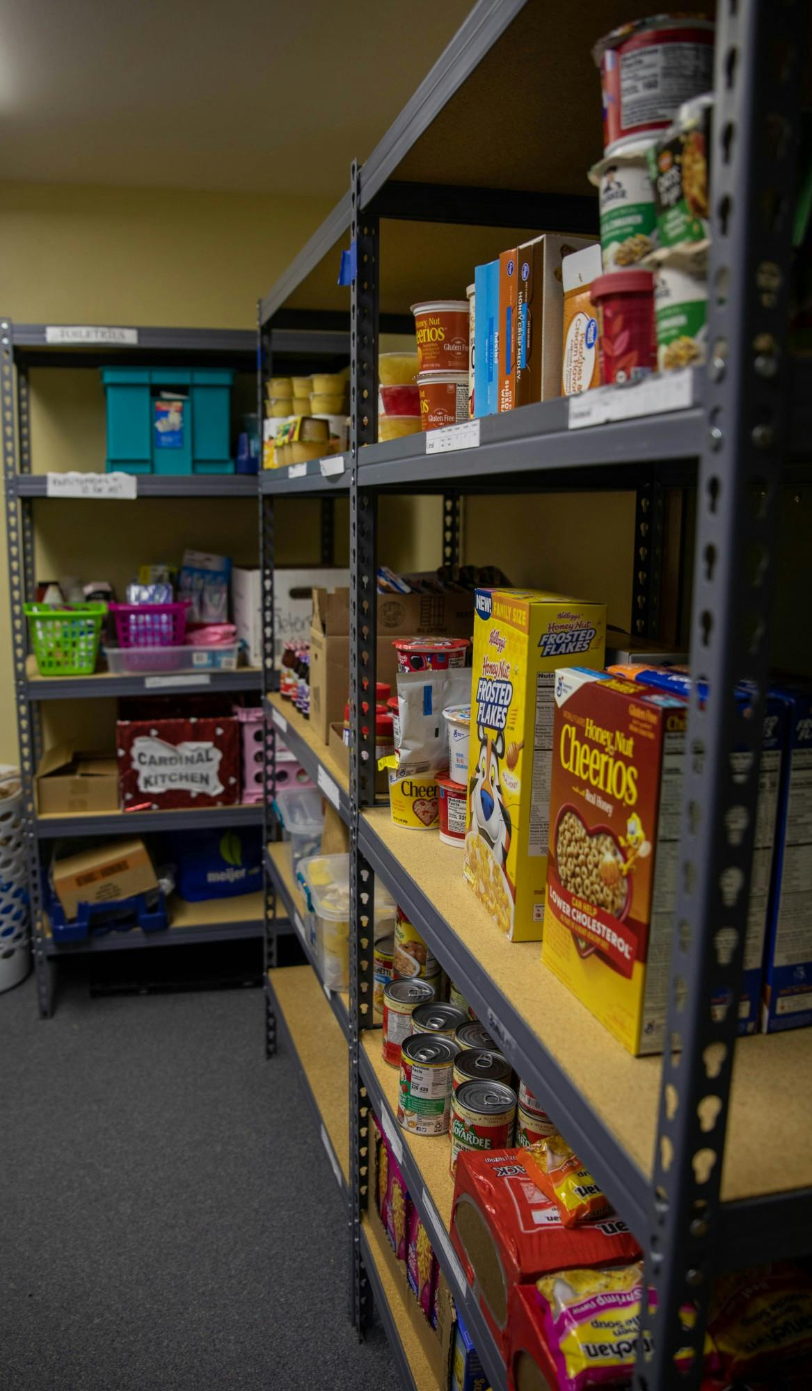Food sits in part of the Cardinal Kitchen pantry Nov. 24, 2020, in the Multicultural Center. The kitchen has hosted two food drives during the fall 2020 semester. Jaden Whiteman, DN
