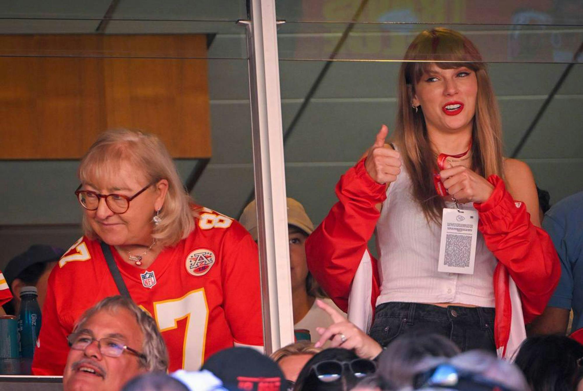 Donna Kelce, left, mother of Chiefs tight end Travis Kelce watched the game with pop superstar Taylor Swift, center, during the first-half on Sunday, Sept. 24, 2023, at GEHA Field at Arrowhead Stadium in Kansas City.