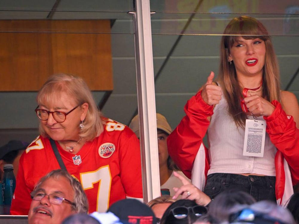 Donna Kelce, left, mother of Chiefs tight end Travis Kelce watched the game with pop superstar Taylor Swift, center, during the first-half on Sunday, Sept. 24, 2023, at GEHA Field at Arrowhead Stadium in Kansas City.