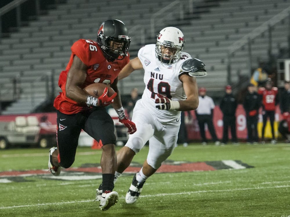 Junior wide receiver KeVonn Mabon makes a push downfield during the game against Northern Illinois on Nov. 5 at Scheumann Stadium. DN PHOTO JONATHAN MIKSANEK