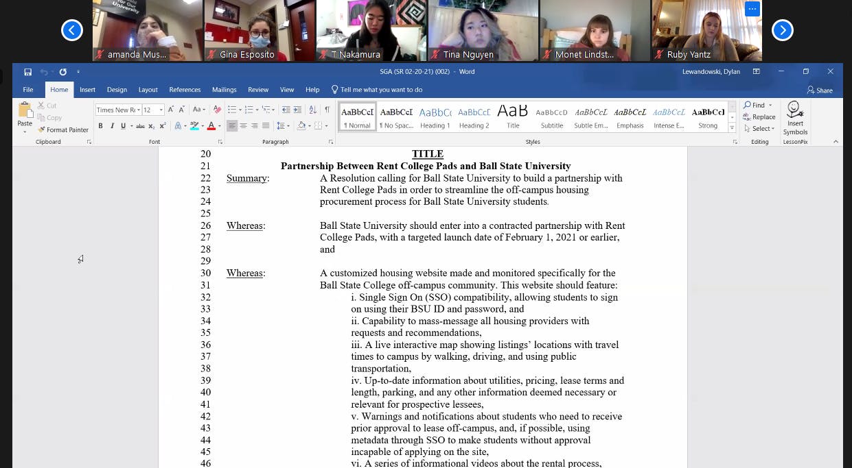 The SGA Senate looks over the proposed partnership between Ball State and Rent College Pads at the Dec. 9 Zoom meeting. The partnership resolution passed 28-3, with seven abstentions. Maya Wilkins, Screenshot Capture
