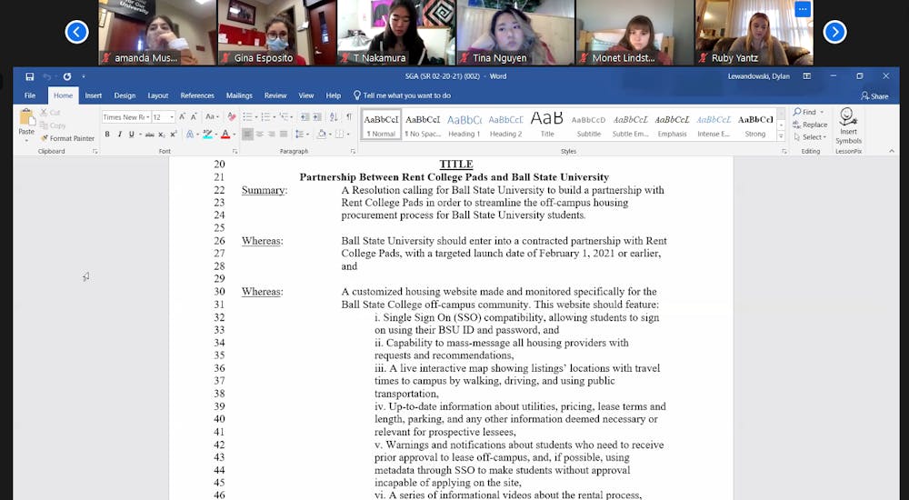 <p>The SGA Senate looks over the proposed partnership between Ball State and Rent College Pads at the Dec. 9 Zoom meeting. The partnership resolution passed 28-3, with seven abstentions. <strong>Maya Wilkins, Screenshot Capture</strong></p>