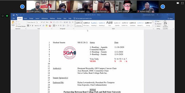 SGA President Connor Sanburn presents his veto on the proposal of a partnership between Rent College Pads and Ball State at the Jan. 27 Zoom meeting. The senators approved the veto 32-1, with two abstentions. Maya Wilkins, Screenshot Capture