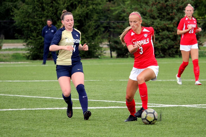 Senior defender Lexy Smith goes for the ball against Akron on Oct. 3, 2021, at Briner Sports Complex in Muncie, IN. Amber Pietz, DN