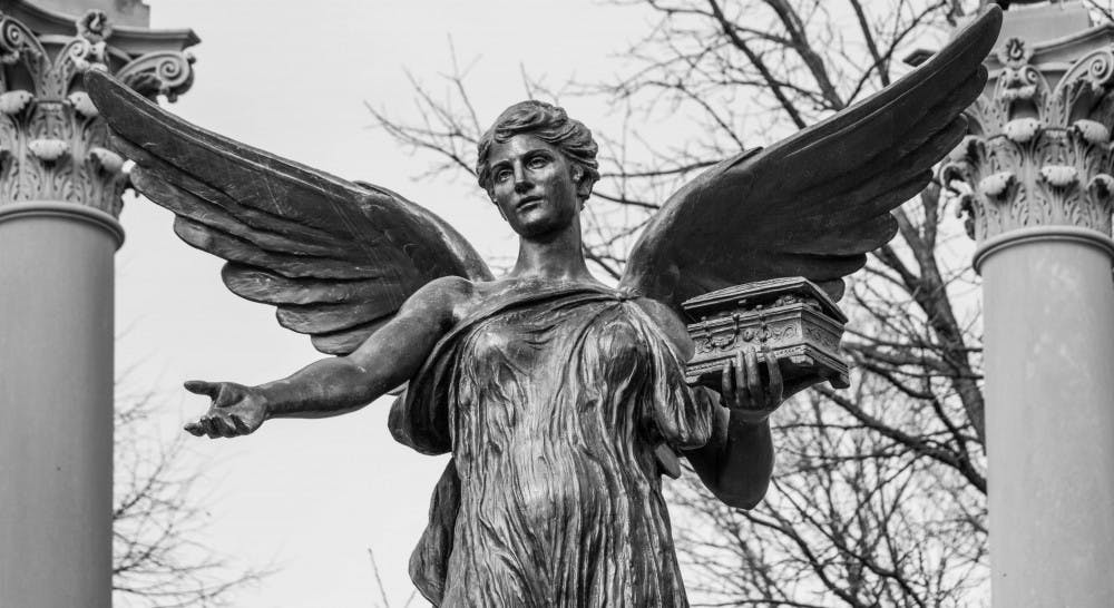 Ball State's institutional icon Beneficence, also known as "Benny," was created in 1937 by artist Daniel Chester French, the same sculptor who created the Abraham Lincoln statue in Washington, D.C.  Benny symbolizes the generosity of the Ball family who donated their land to the university. Grace Ramey // DN