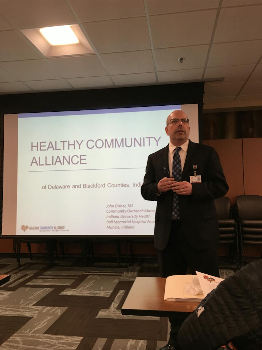 Ball State is one of 37 stakeholders in the Healthy Community Alliance of Delaware and Blackford counties. John Disher, community outreach&nbsp;manager&nbsp;for IU Health Ball Memorial&nbsp;Hospital, plans for the impact model to align with existing initiatives and a&nbsp;catalyst.&nbsp;DN PHOTO MICHELLE KAUFMAN
