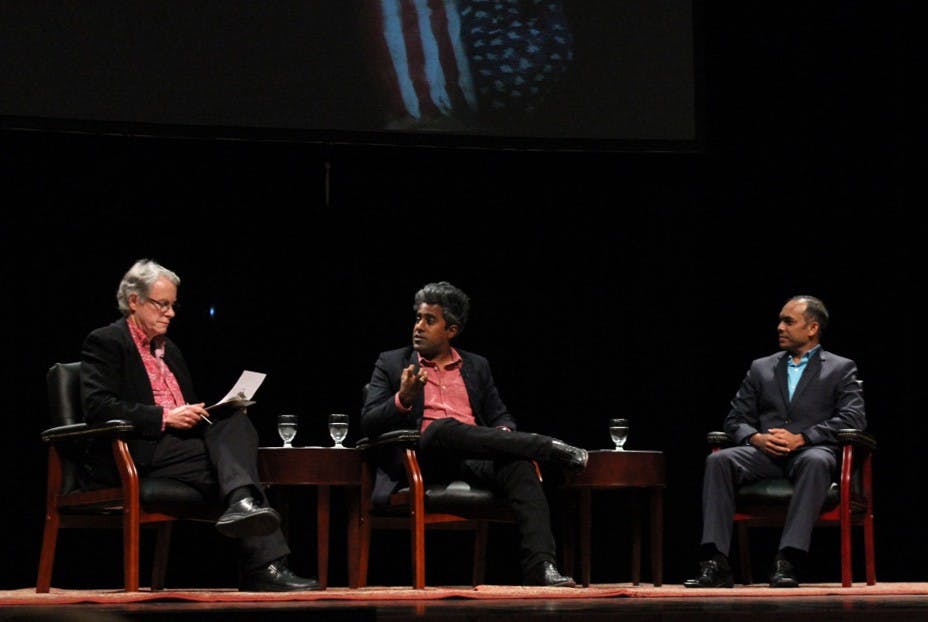 Anand Giridharadas, the author of the book True American: Murder and Mercy in Texas, and Raisuddin Bhuiyan, the subject of the story, answer questions sent in by students in John R. Emens Auditorium. Phil Bremen was the moderator who asked the questions for this event. Jordan Manders//DN
