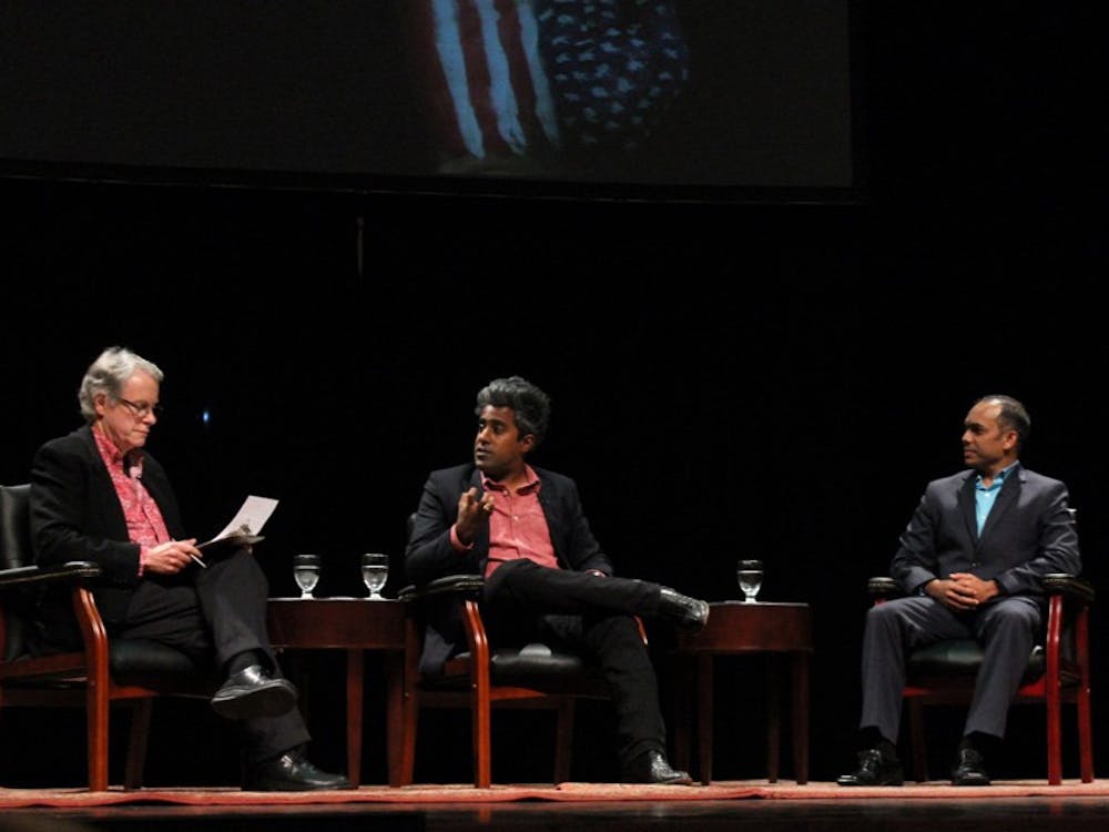 Anand Giridharadas, the author of the book True American: Murder and Mercy in Texas, and Raisuddin Bhuiyan, the subject of the story, answer questions sent in by students in John R. Emens Auditorium. Phil Bremen was the moderator who asked the questions for this event. Jordan Manders//DN