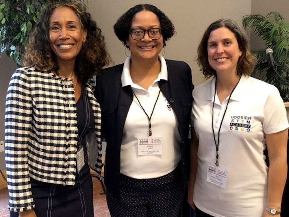 Tamara Markey, Indiana teacher of the year 2019, Kizmin Jones, director of Hoosier STEM Academy, and Jill Bradley-Levine, associate professor of educational studies, pose for a photo at the Hoosier STEM Conference June 17, 2019. The academy was awarded $602,000 by the Indiana Commission for Higher Education. Kizmin Jones, Photo Provided