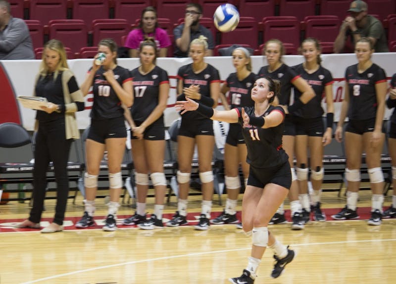 Sophomore setter Amber Seaman prepares to hit the ball during the second set against Bradley University on Sept. 1 at John E. Worthen Arena. Seaman had two kills and five digs during this set. Briana Hale, DN