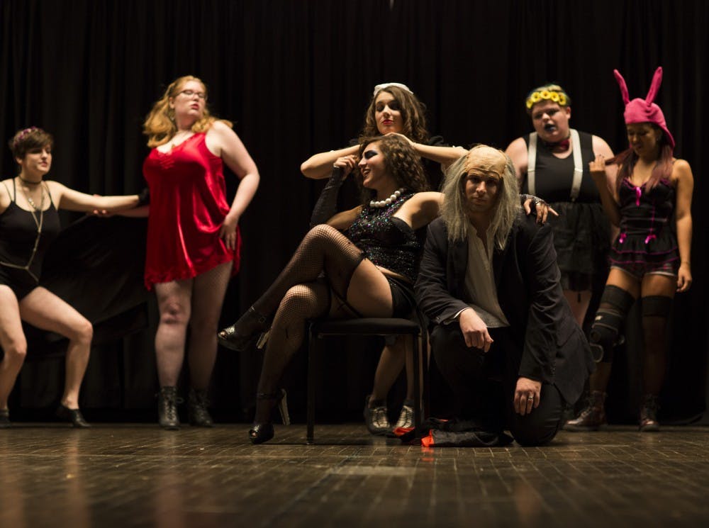 The Rocky Horror Picture Show Shadow Cast rehearses a scene before the show on Monday Oct 31. 