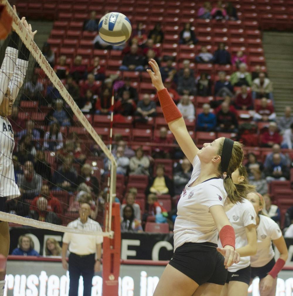 Redshirt freshman outside hitter Sabrina Mangapora attempts to hit the ball over the net during a set against Akron on Nov. 15 at Worthen Arena. DN PHOTO BREANNA DAUGHERTY