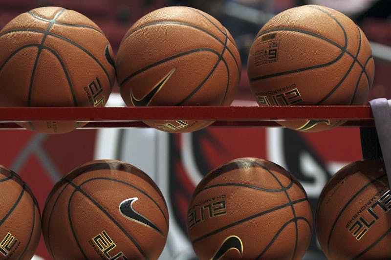 Basketballs sit in a rack while Ball State warms up before the second half of the Cardinals' game against Cleveland State University Nov. 11, 2018 in John E. Worthen Arena. Ball State won 67 to 62. Paige Grider, DN