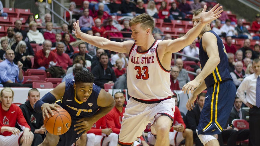 <p>Redshirt junior Ryan Weber defending during Ball State men's basketball game against Toledo University on Jan. 6 at Worthen Arena. <em>DN PHOTO BY BREANNA DAUGHERTY</em></p>