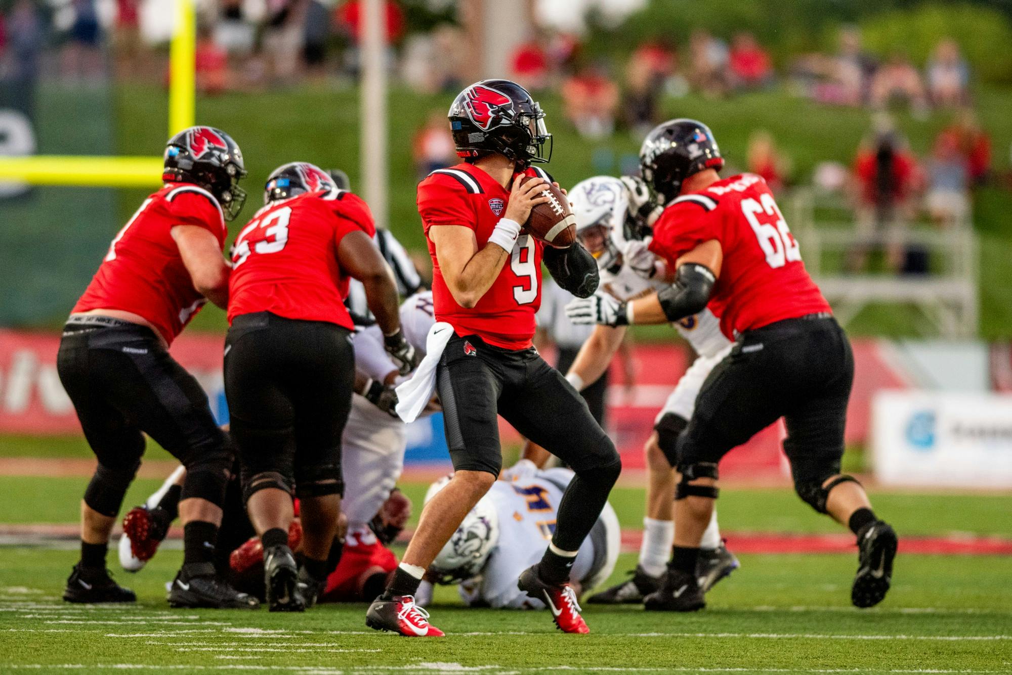 Ball State University quaterback, Drew Plitt, reviews his passing options against Western Illinois on September 2nd, 2021 at Scheumann Stadium. Kyle Atkisson, DN