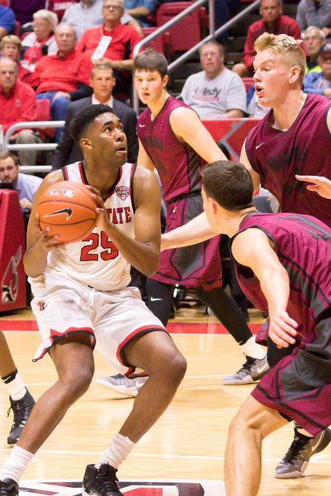 Freshman forward Tahjai Teague looks for an opening to get a shot off at the basket during the game against University of Indianapolis on Nov. 3 in Worthen Arena. Kyle Crawford // DN