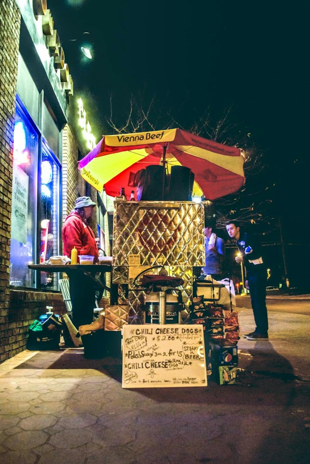 <p>Because of the close proximity to Cleo’s Bourbon Bar, some students say they get hot dogs while waiting in line for the bar. Ray Gibson also sells chips and drinks.</p>