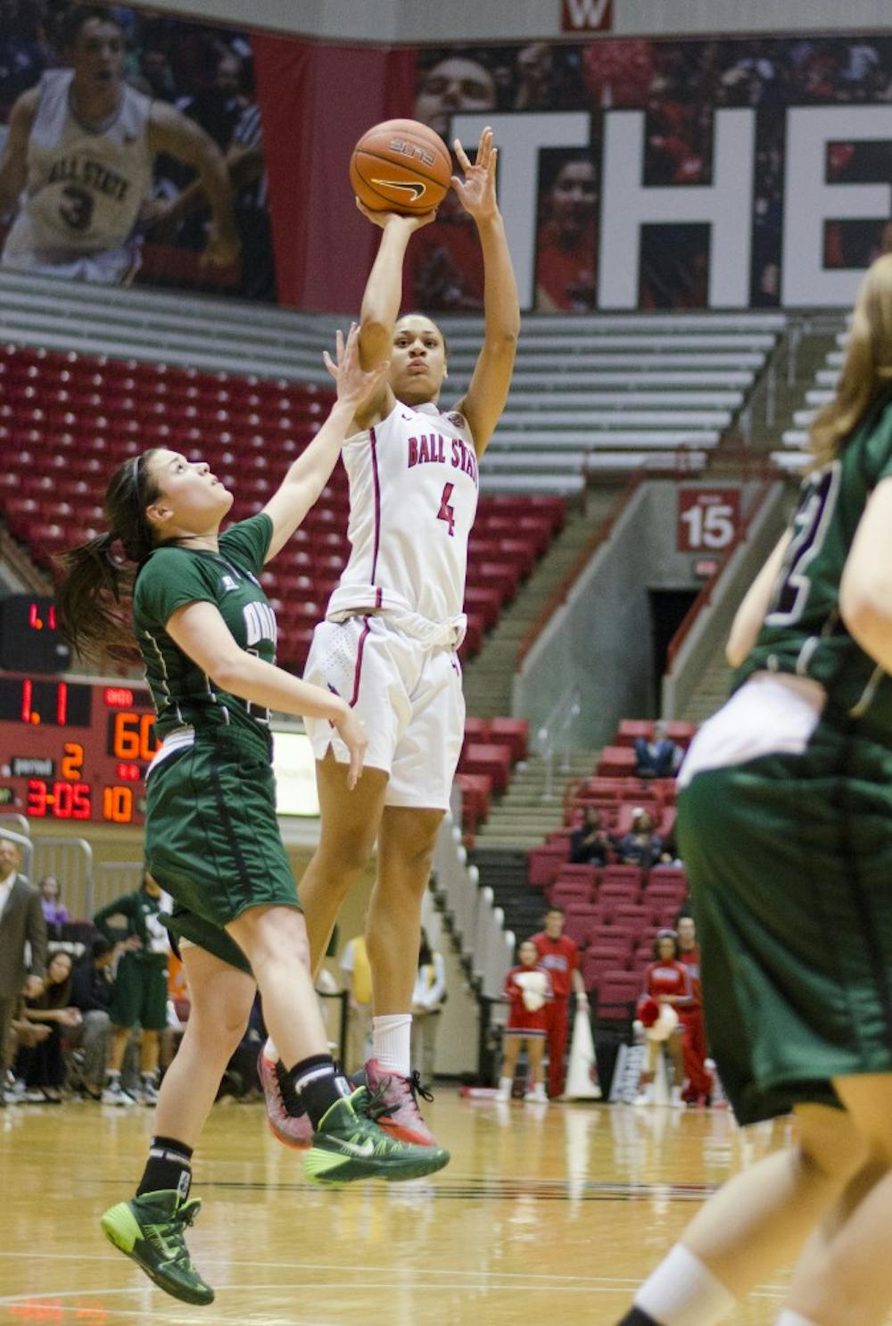 Junior forward Nathalie Fontaine goes up for a shot during the game against Ohio on Jan. 24 at Worthen Arena. DN PHOTO BREANNA DAUGHERTY
