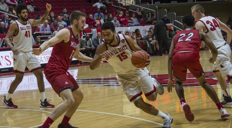 Ball State forward Franko House attempts to score during the game against Miami on Jan. 10 in Worthen Arena. The Cardinals won 85-74. Teri Lightning Jr., DN