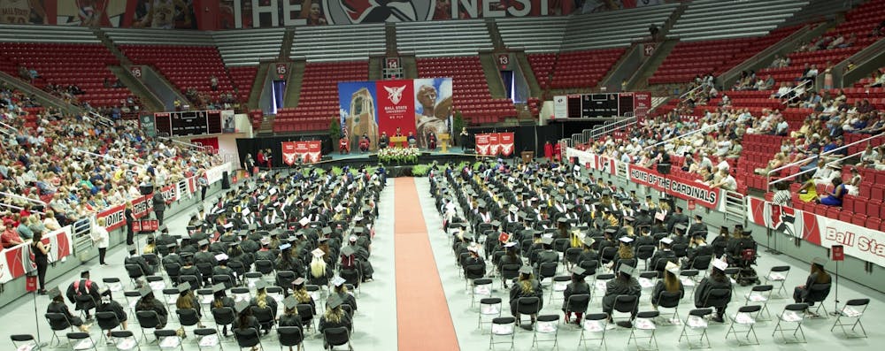 <p>Graduates from the R. Wayne Estopinal College of Architecture and Planning, College of Fine Arts, College of Sciences and Humanities and Teachers College listen to Ball State President Geoffrey Mearns speak in Worthen Arena July 24, 2021. The summer 2021 commencement ceremony was Ball State&#x27;s first indoor ceremony of the year. <strong>Grace McCormick, DN File</strong></p>