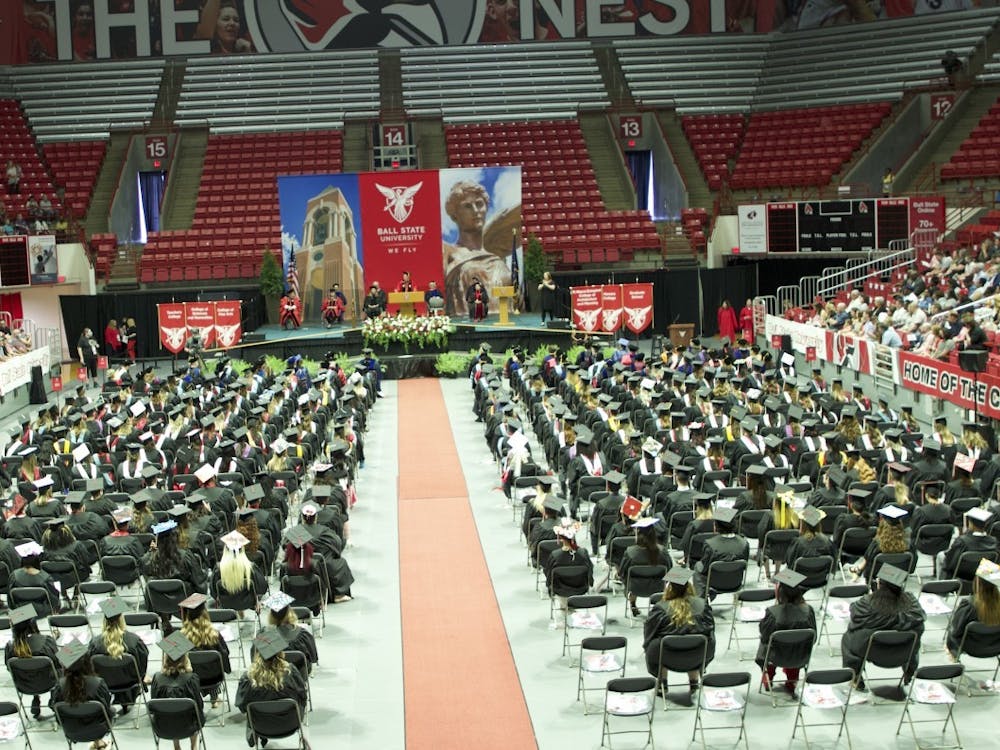 Graduates from the R. Wayne Estopinal College of Architecture and Planning, College of Fine Arts, College of Sciences and Humanities and Teachers College listen to Ball State President Geoffrey Mearns speak in Worthen Arena July 24, 2021. The summer 2021 commencement ceremony was Ball State&#x27;s first indoor ceremony of the year. Grace McCormick, DN File