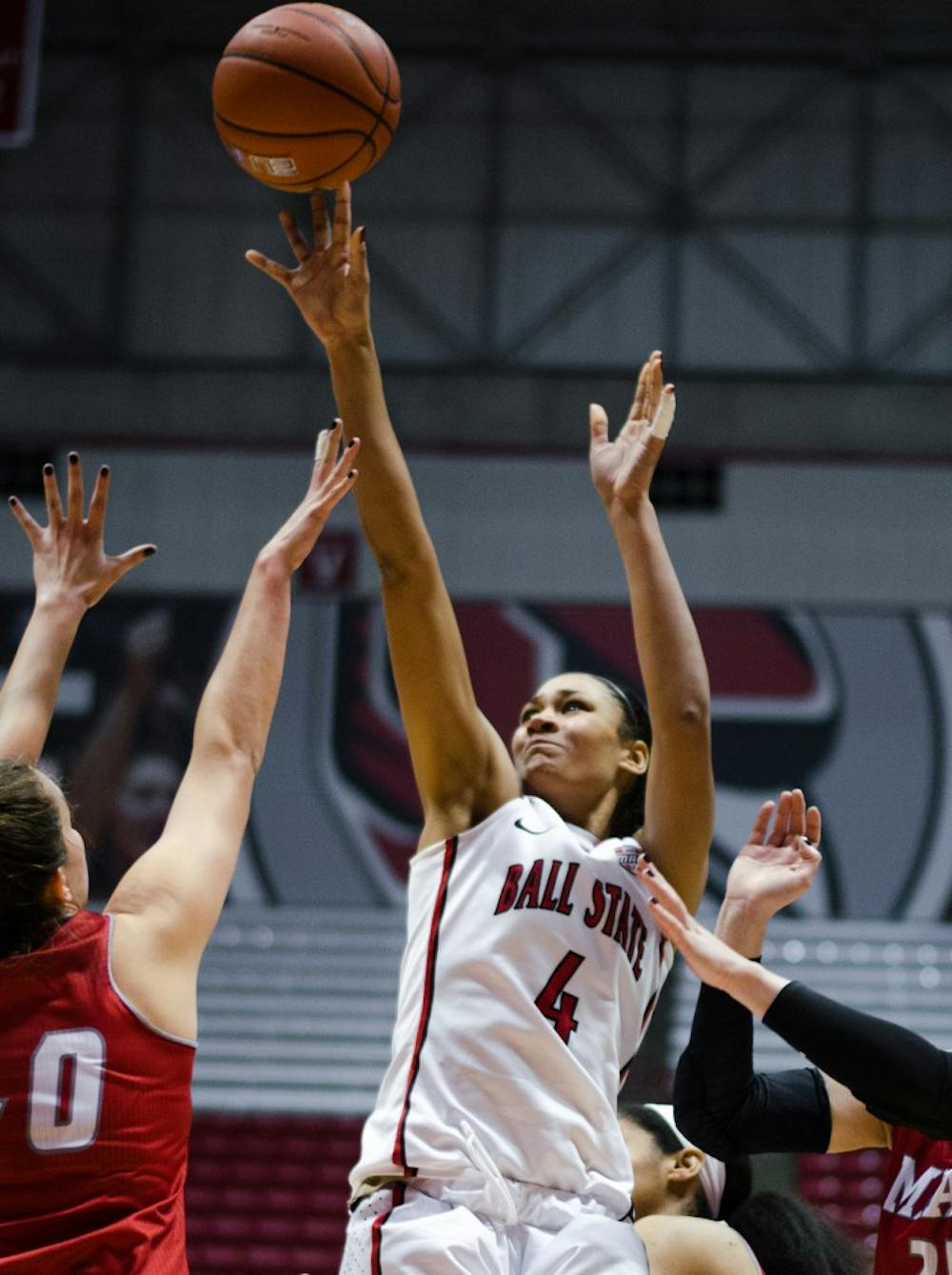 <p>Senior guard Nathalie Fontaine shooting over a Miami defender in Worthen Arena on Jan. 09. DN FILE PHOTO BY BREANNA DAUGHERTY</p>