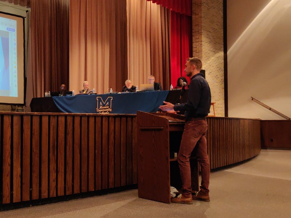 Northside Middle School teacher Kurtis Rumple speaks to the Muncie Community Schools board Sept. 25, 2019, at the school's auditorium. Rumple teaches a Project Lead the Way class at Northside. Rohith Rao, DN