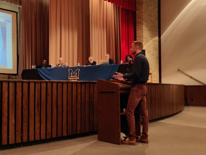 Northside Middle School teacher Kurtis Rumple speaks to the Muncie Community Schools board Sept. 25, 2019, at the school's auditorium. Rumple teaches a Project Lead the Way class at Northside. Rohith Rao, DN