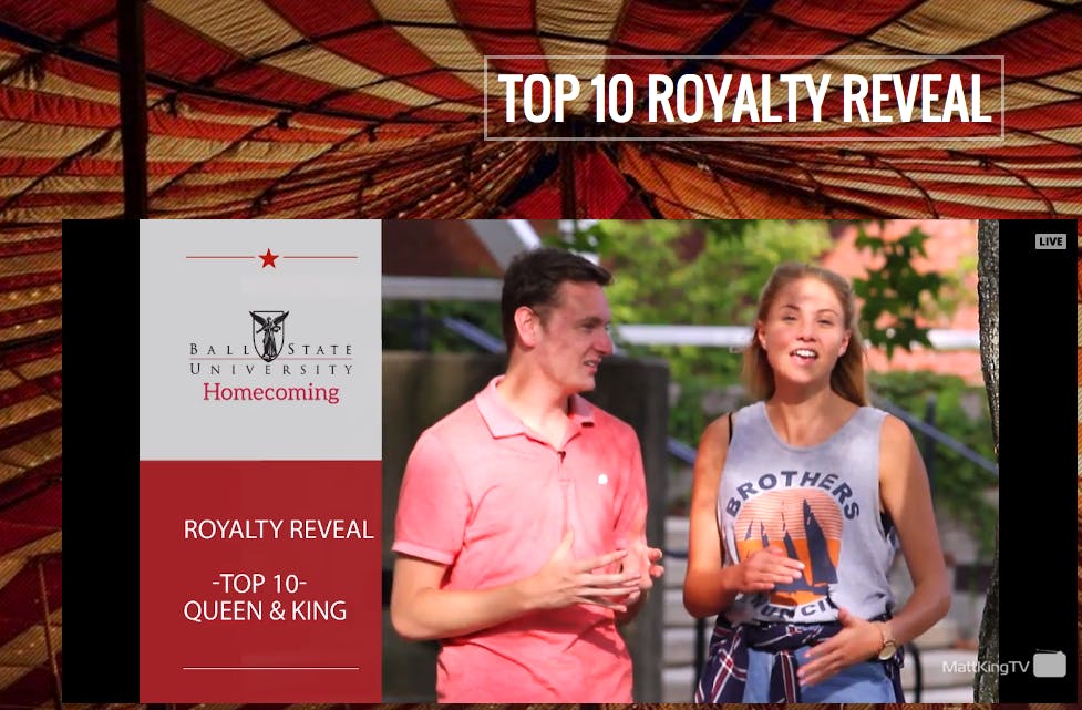 The Homecoming royalty reveal was done as a live broadcast this year instead of the usual event in Pruis Hall with costumes and skits. The video was livestreamed at 6 p.m. Sept. 21. PHOTO COURTESY OF BALL STATE HOMECOMING