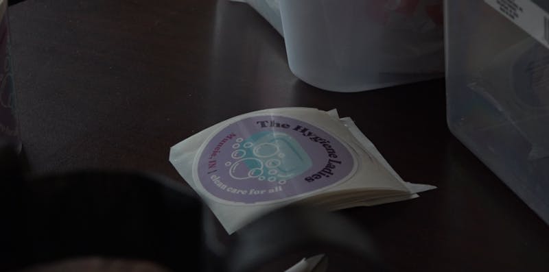 On a table, a sticker reads "The Hygiene Lady" with a logo of bubbles and the phrase "Clean care for all."
