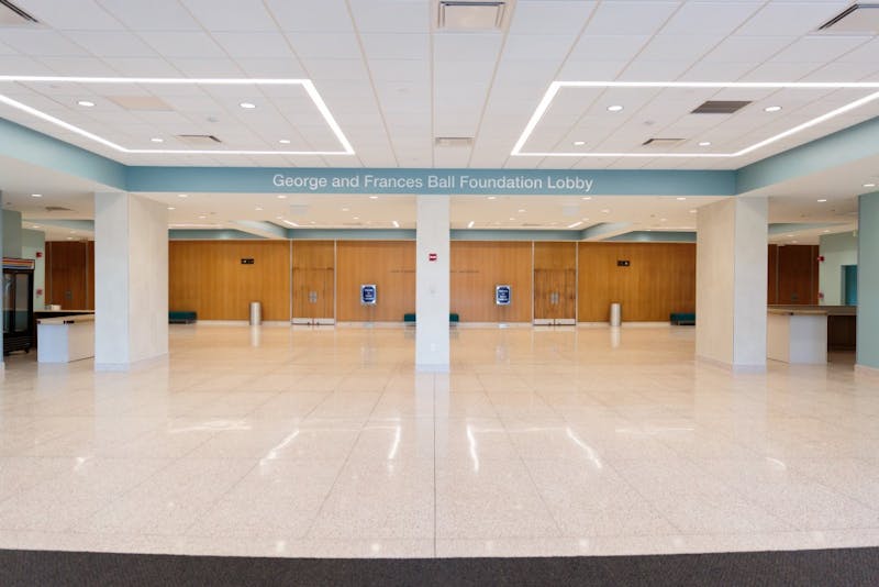 The newly renovated George and Frances Ball Foundation Lobby in John R. Emens Auditorium. Kyle Crawford // DN