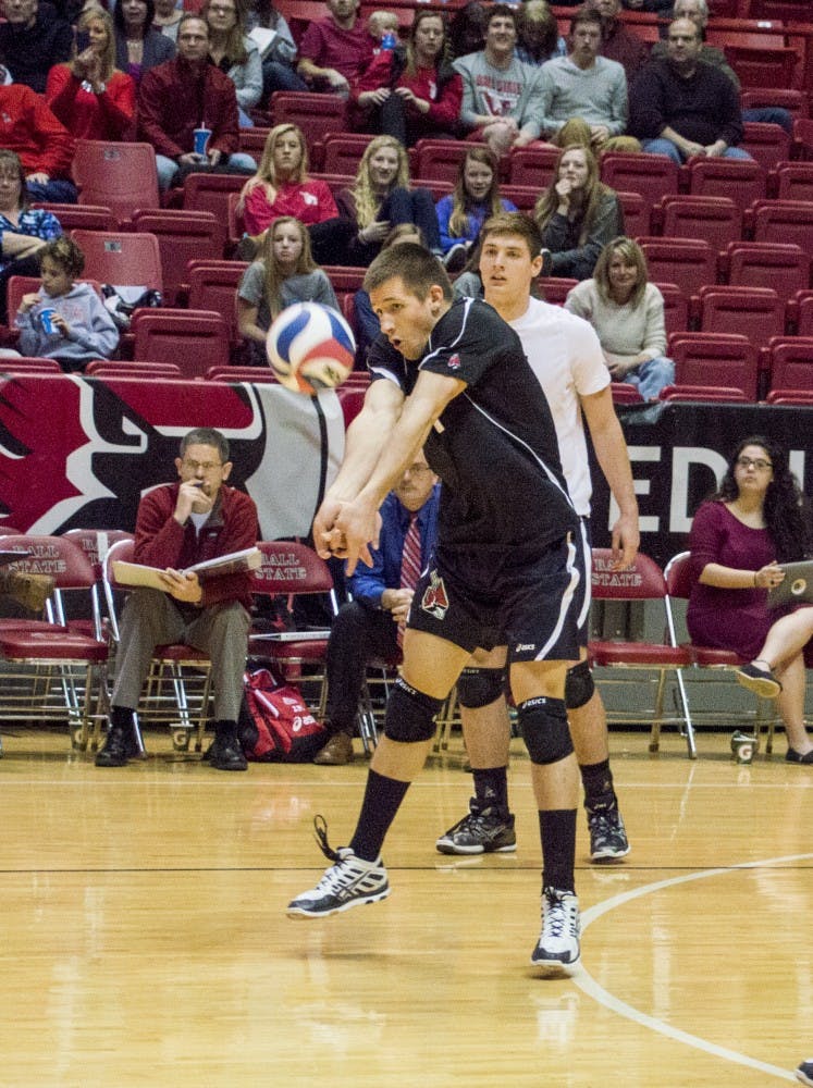 Senior libero David Ryan Vander Meer hits the ball during the game against George Mason on Feb. 7 at Worthen Arena. DN PHOTO ALAINA JAYE HALSEY