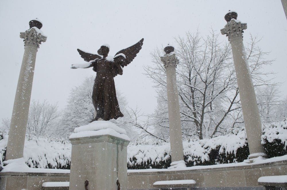 Snow falls on Beneficence during the winter storm on Jan. 5. Classes were canceled for Jan. 6 due to the predicted subzero temperatures. DN PHOTO BREANNA DAUGHERTY