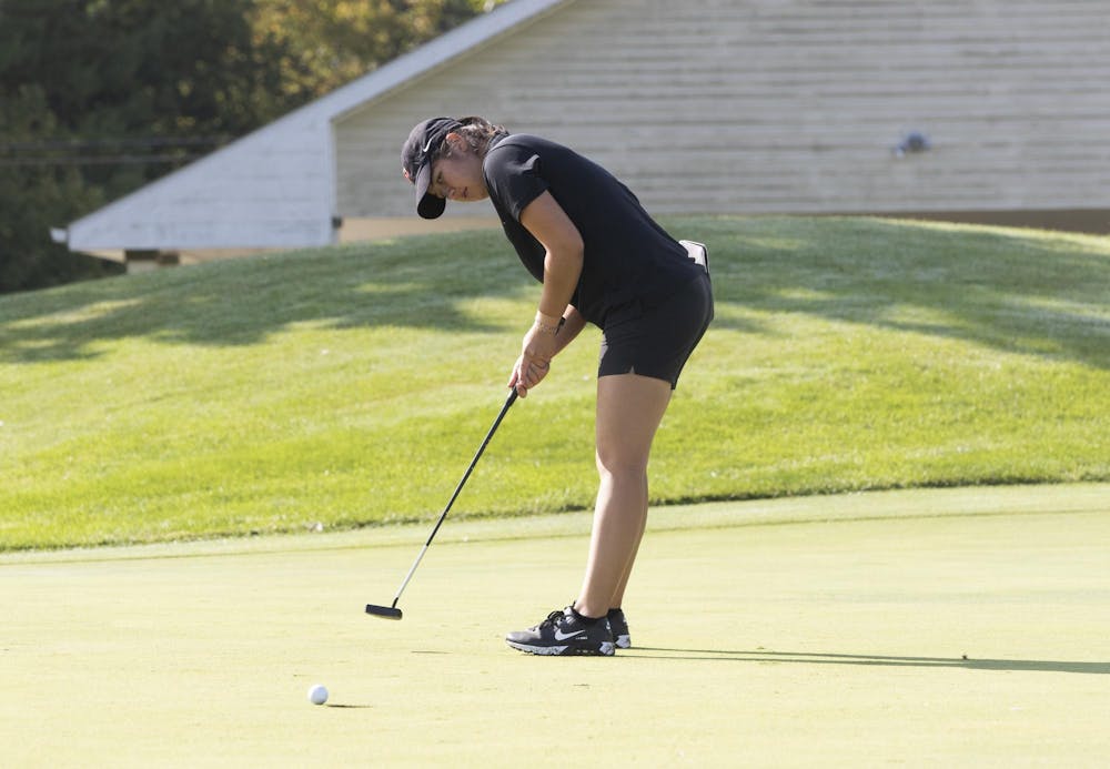Ball State sophomore Jasmine Driscoll watches her ball September 18 during the Brittany Kelly Classic at The Players Club. Zach Carter, DN.