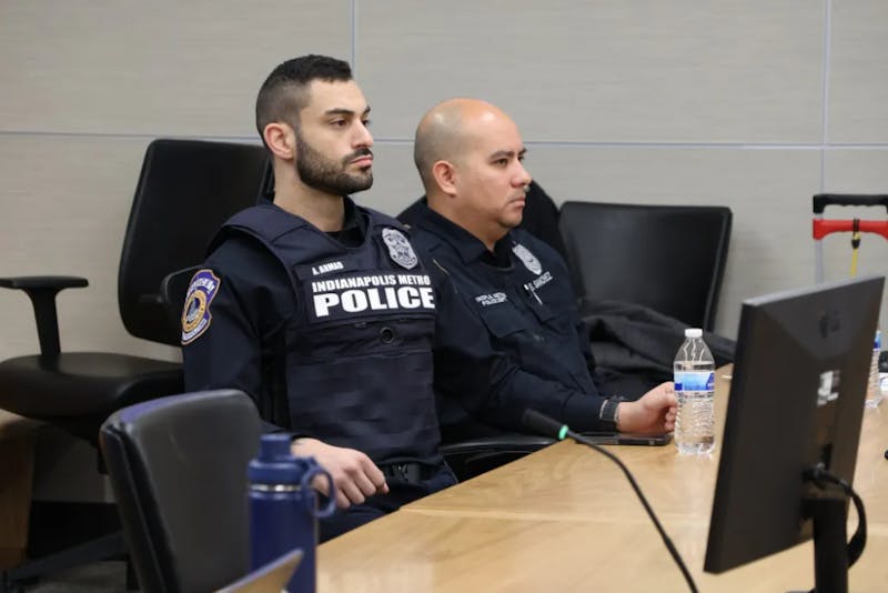 IMPD officers Adam Ahmad (from left) and Steven Sanchez sat on trial in Marion Superior Court on Dec. 6, 2024. A jury found them not guilty in the death of Herman Whitfield III. Credit: Kyle Fisher/WISH-TV